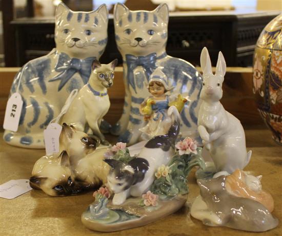 Pair of Rye Pottery blue/cream tabby cats, Beswick Siamese, Lladro rabbit & cat & 3 other small china models